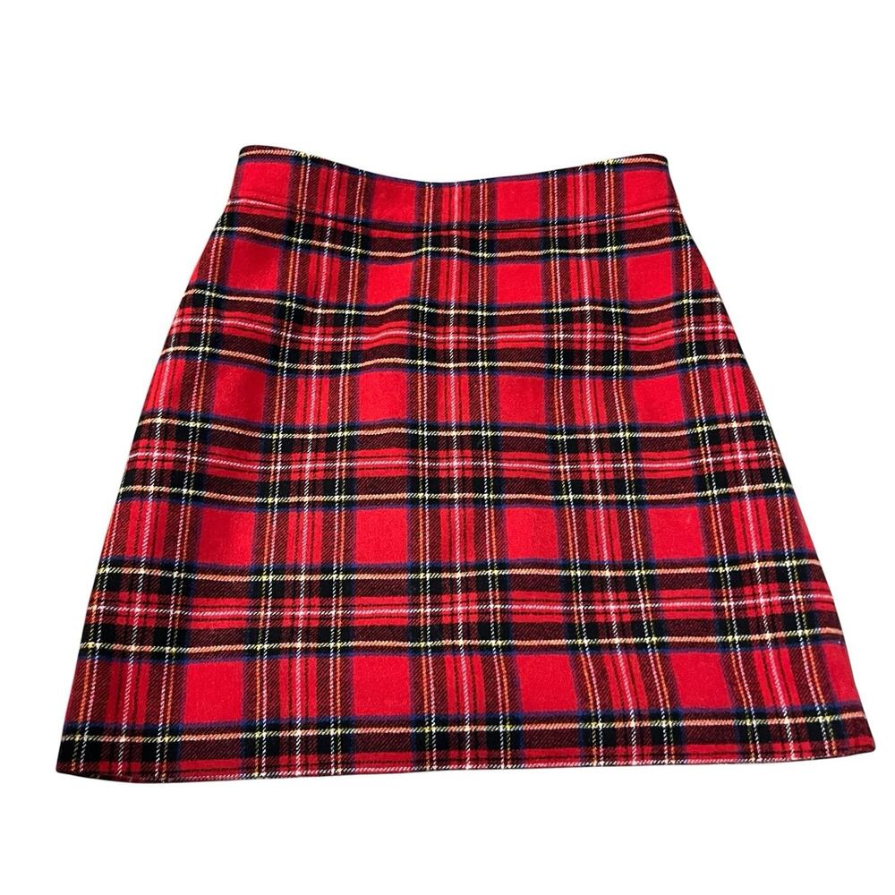 J Crew Tartan Plaid Wool Blend Mini Skirt 6 Red Multi Preppy Holiday Straight